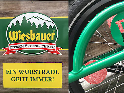 Wurstradl: gebrandetes Lasten-Velo für Wiesbauer Sampling-Promotion